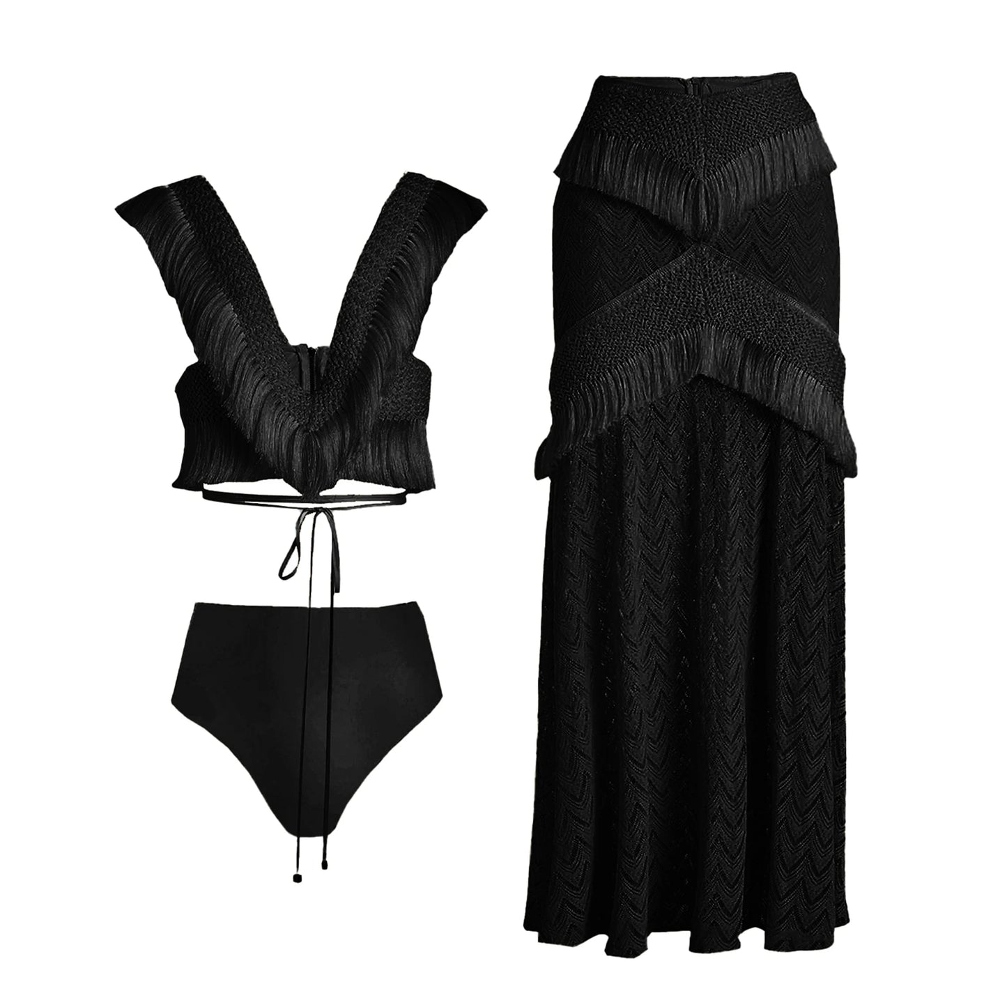 V Neck Fringe Trim Bikini Swimsuit High Waist Swimwear with Skirt for Women Halter Bathing Suits Print Summer Female