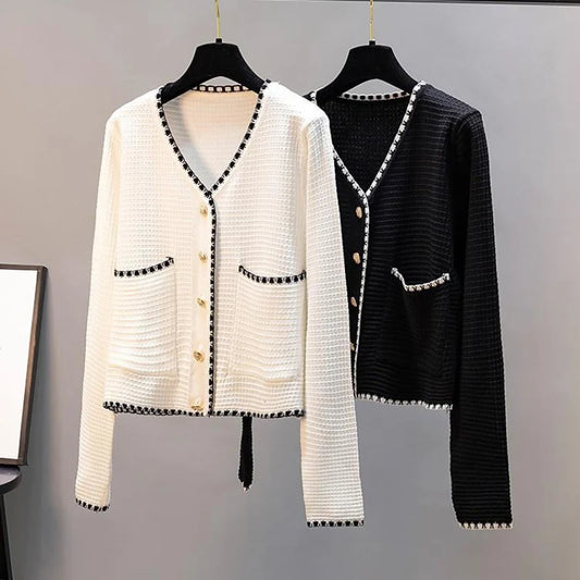 Zoki Women Cardigan Sweater Autumn Fashion V Neck Button Up Knitted Thin Jacket Korean Long Sleeve Casual Black White Coat 