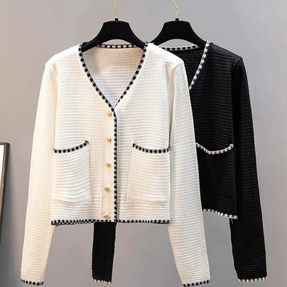 Zoki Women Cardigan Sweater Autumn Fashion V Neck Button Up Knitted Thin Jacket Korean Long Sleeve Casual Black White Coat 