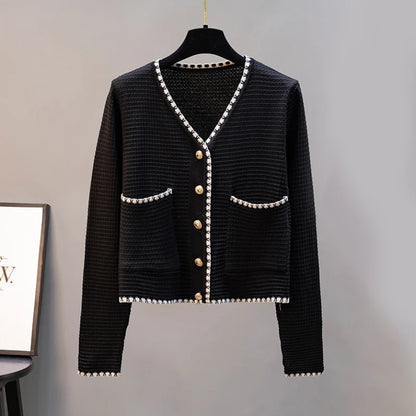 Zoki Women Cardigan Sweater Autumn Fashion V Neck Button Up Knitted Thin Jacket Korean Long Sleeve Casual Black White Coat 