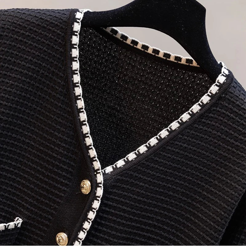 Zoki Women Cardigan Sweater Autumn Fashion V Neck Button Up Knitted Thin Jacket Korean Long Sleeve Casual Black White Coat 