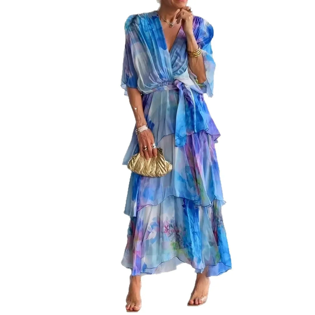 Women New Half-sleeved V-neck A-line Elegant And Fashionable Casual Dress For Women's Outdoor Camping Vacation Style Loose Dress