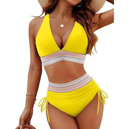 Women High Waisted Bikini Sets Tummy Control Swimsuits Color Block Two Piece Drawstring Bathing Suit Beach Swimwear