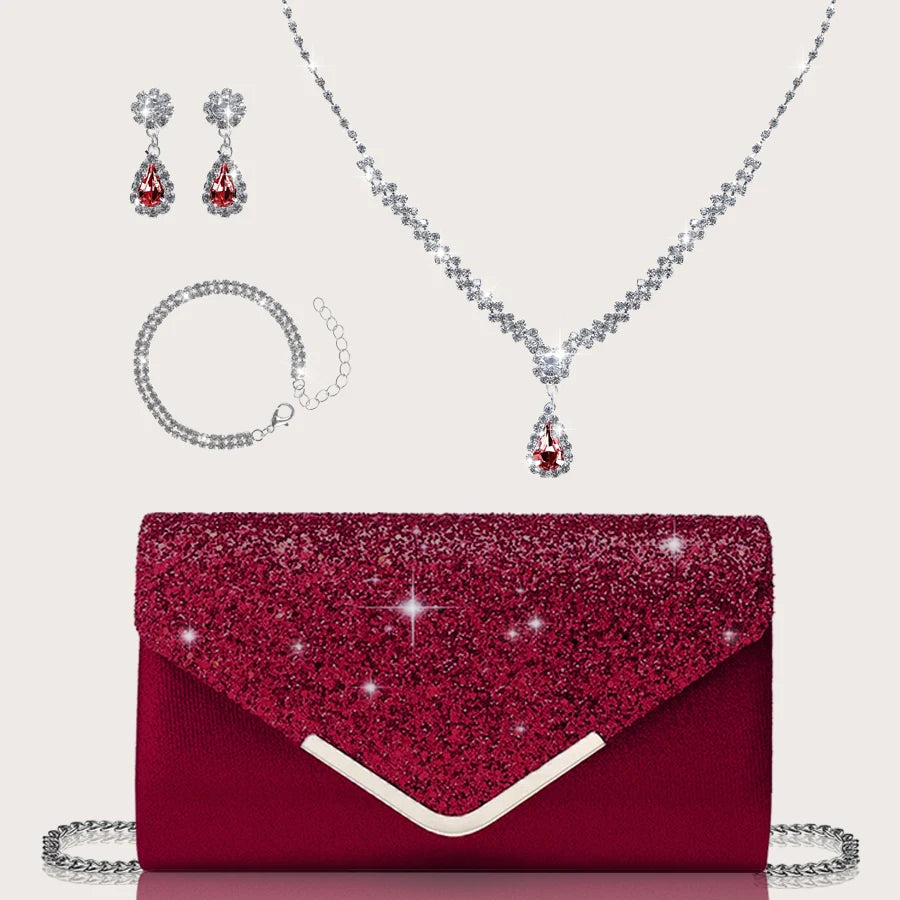 Gorgeous and elegant sparkly women's clutch bag, paired with a gorgeous rhinestone necklace, earrings and bracelet set of four.