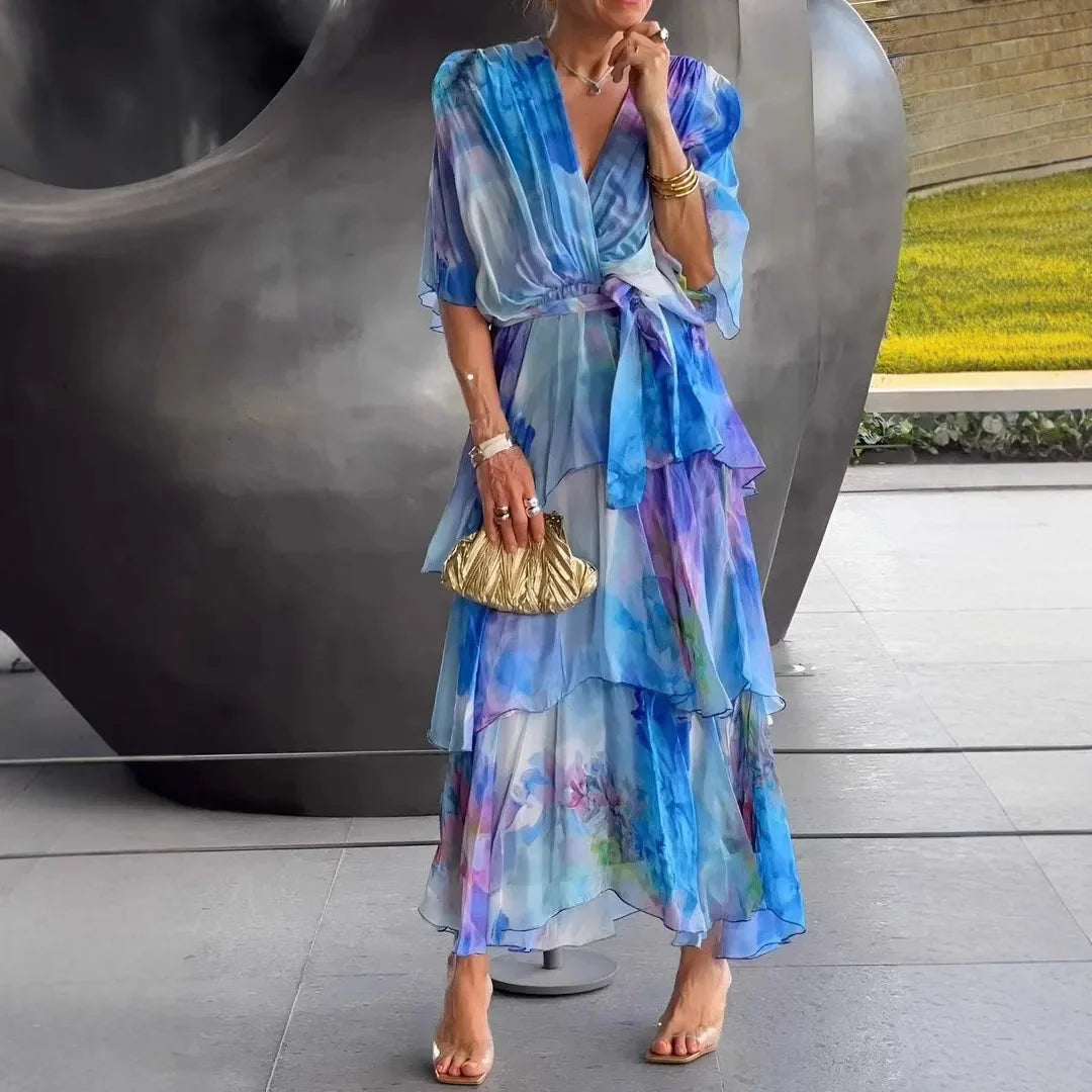Women New Half-sleeved V-neck A-line Elegant And Fashionable Casual Dress For Women's Outdoor Camping Vacation Style Loose Dress