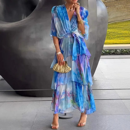 Women New Half-sleeved V-neck A-line Elegant And Fashionable Casual Dress For Women's Outdoor Camping Vacation Style Loose Dress