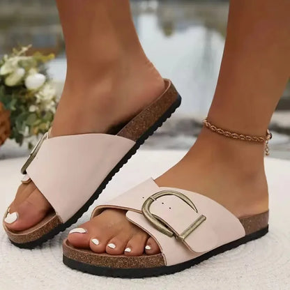 Litfun 2025 Women's Cork Slippers Fashion Women Single Buckle Flip Flops Open Toe Beach Sandals Leisure Fashion House Slippers