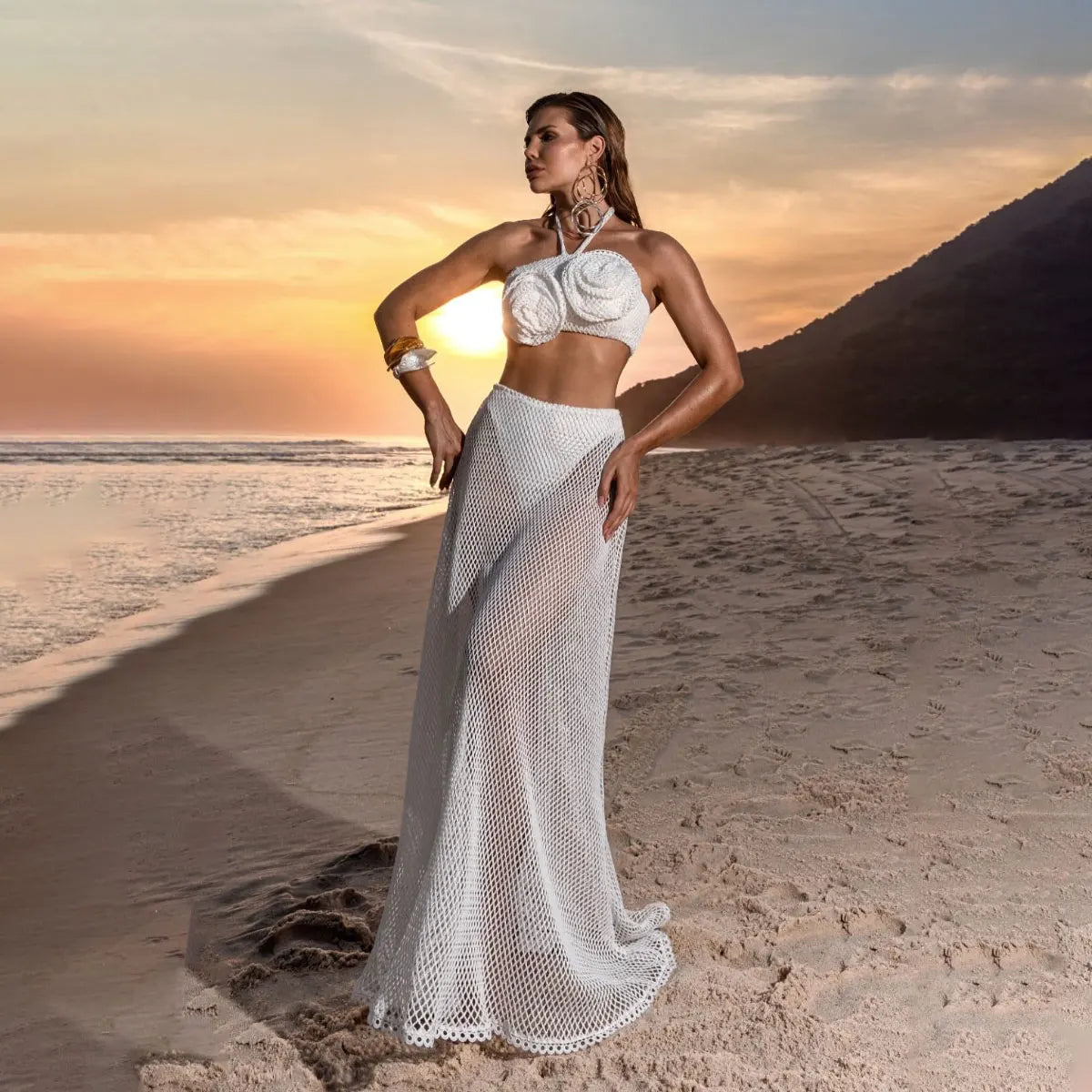 2025 New Pearl Beach Dresses for Women 3 Piece Swimwear Deep V-neck Bikini Top Mesh Swimming Cover-Up Skirt Sexy Vacation Outfit