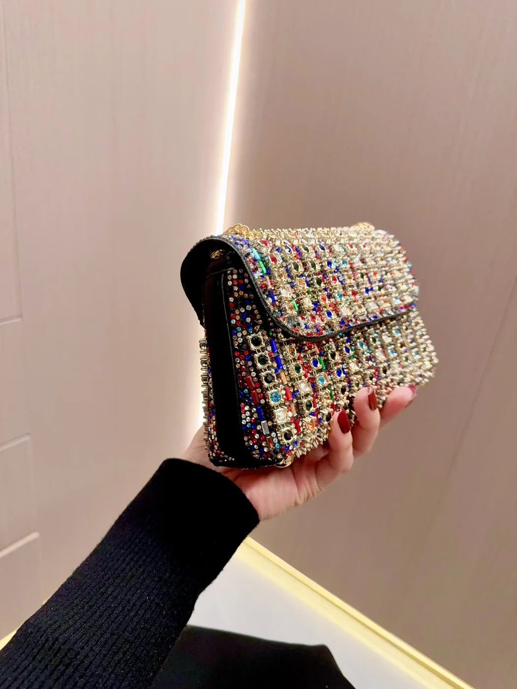 Full Rhinestone Women's Evening Clutch Bag luxury Leather Chain Handbag Elegant Wedding Party Diamond Wallet Rectangular Purse