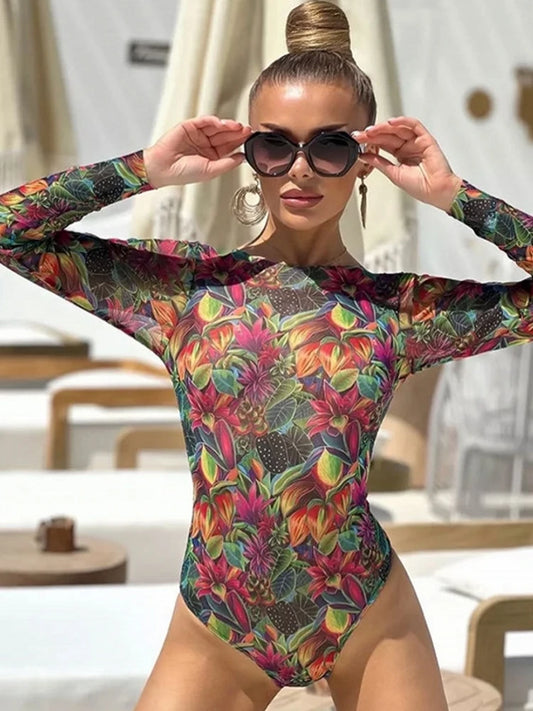 Mesh High Waist Sexy Swimsuit Women Summer Bathing Suit Bikini Set Long Sleeve Swimwear Beach Swimming Suit For Female Купальник