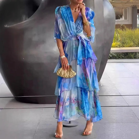 Women New Half-sleeved V-neck A-line Elegant And Fashionable Casual Dress For Women's Outdoor Camping Vacation Style Loose Dress
