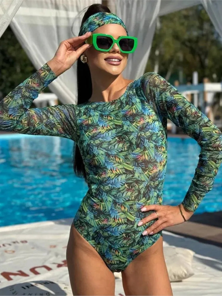 Mesh High Waist Sexy Swimsuit Women Summer Bathing Suit Bikini Set Long Sleeve Swimwear Beach Swimming Suit For Female Купальник