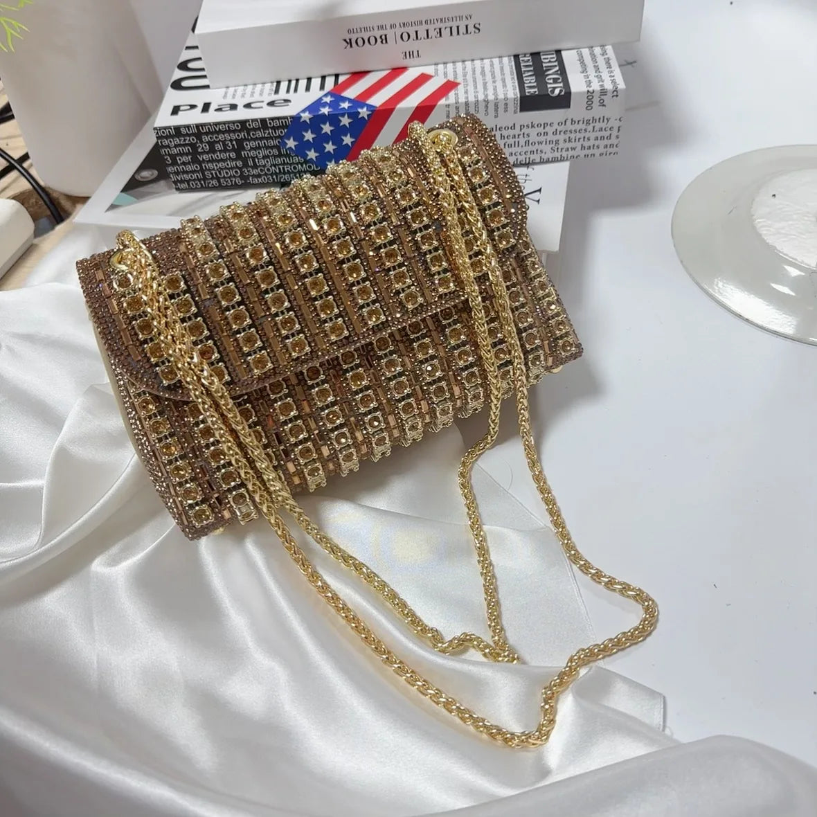 Full Rhinestone Women's Evening Clutch Bag luxury Leather Chain Handbag Elegant Wedding Party Diamond Wallet Rectangular Purse