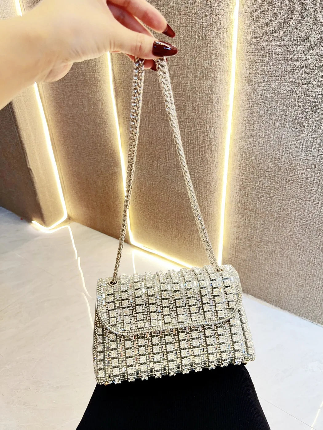 Full Rhinestone Women's Evening Clutch Bag luxury Leather Chain Handbag Elegant Wedding Party Diamond Wallet Rectangular Purse