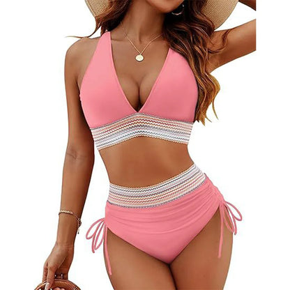 Women High Waisted Bikini Sets Tummy Control Swimsuits Color Block Two Piece Drawstring Bathing Suit Beach Swimwear