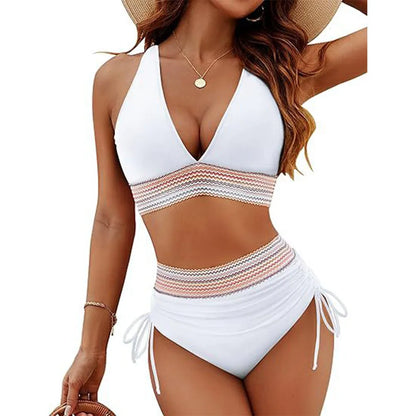 Women High Waisted Bikini Sets Tummy Control Swimsuits Color Block Two Piece Drawstring Bathing Suit Beach Swimwear