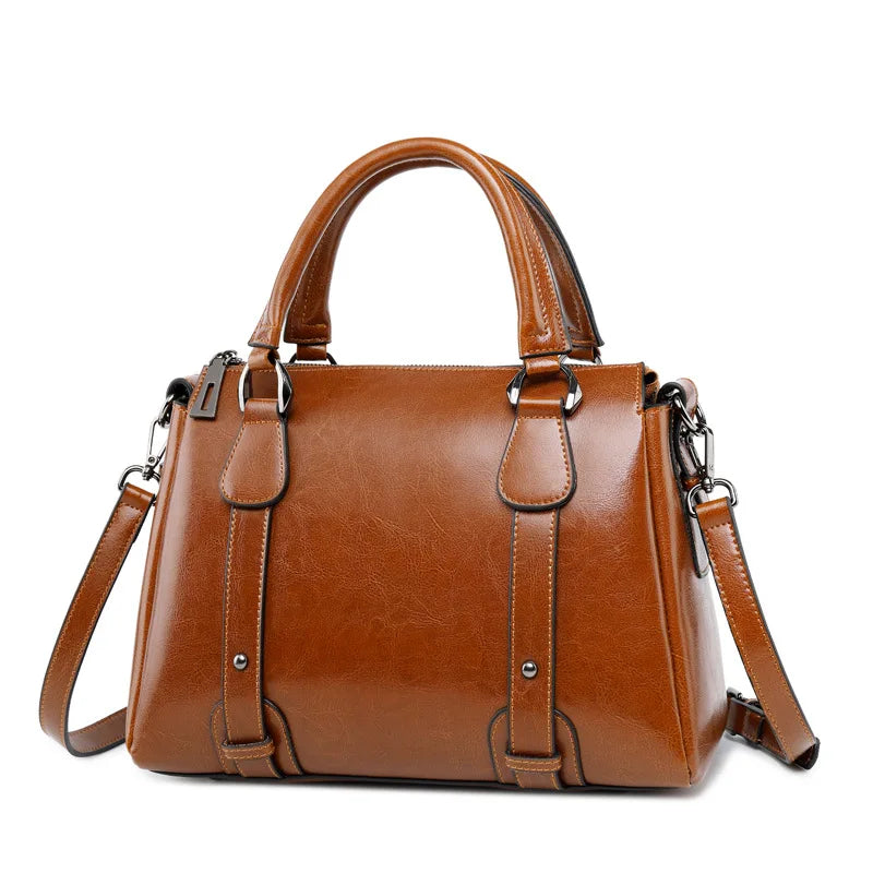 Genuine Leather Women Shoulder Cross body Handbag Top Handle Bag Casual Designer Female Oil Wax Cowhide Messenger Tote Bag