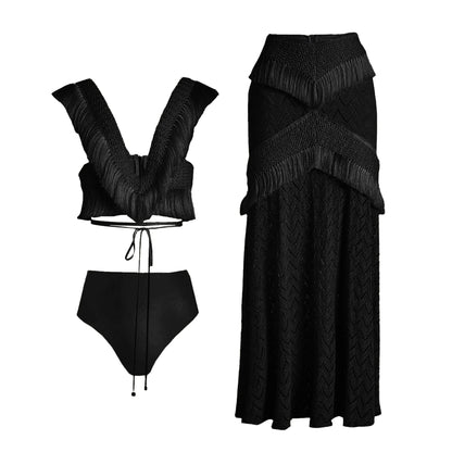 V Neck Fringe Trim Bikini Swimsuit High Waist Swimwear with Skirt for Women Halter Bathing Suits Print Summer Female